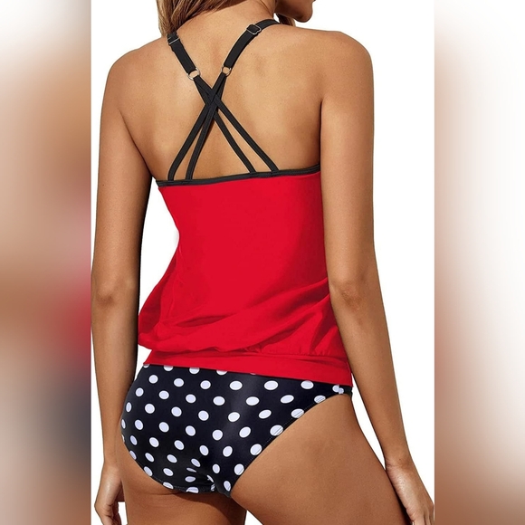 NEW! Two Piece Tankini Swimsuit, Tummy Control Bottoms. Red/Black/White, size M - Picture 5 of 5